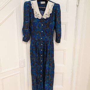 Miss Dorby Women's Blue Paisley Dress Button-Down Front White Lace Collar Size